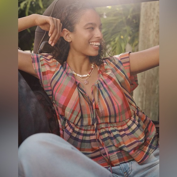 Pilcro Tops - Pilcro Anthropologie Plaid Ruffle Babydoll Tee Top S-M